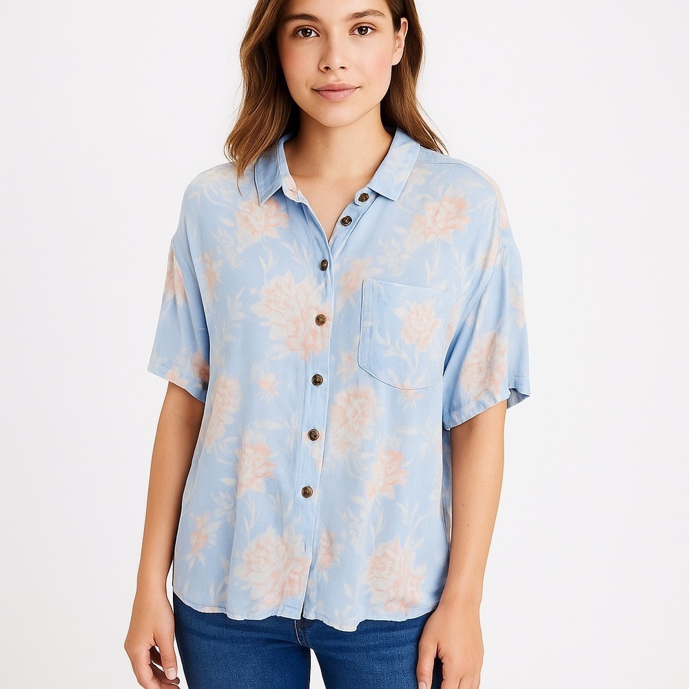 American Eagle Floral Viscose Button Down Shirt Pastel Cottagecore Large
